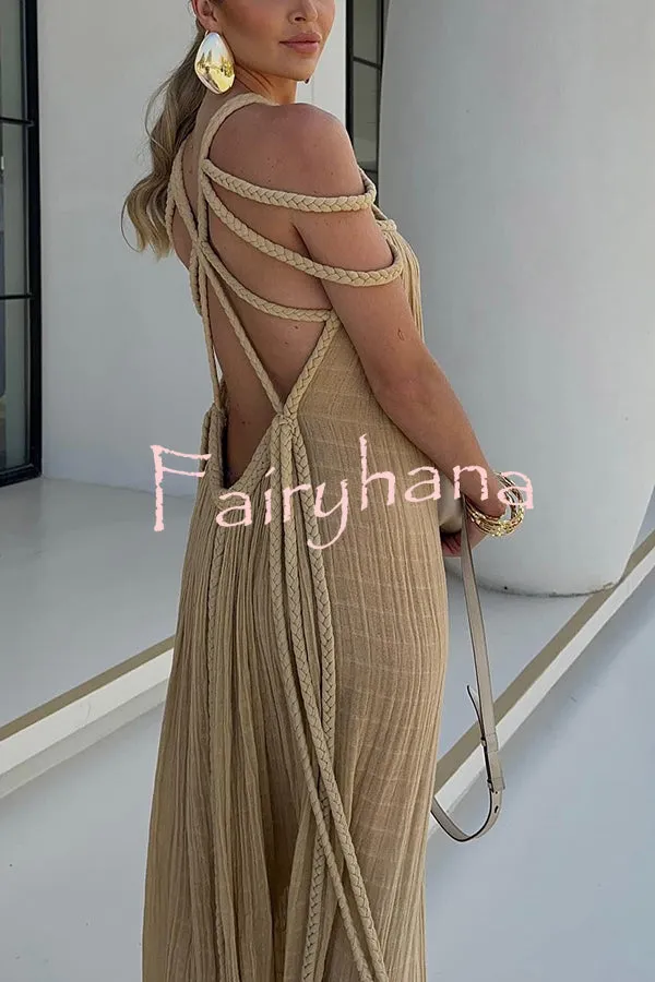 Modern and Sophisticated Linen Blend Draped Braids Cover Up Maxi Dress