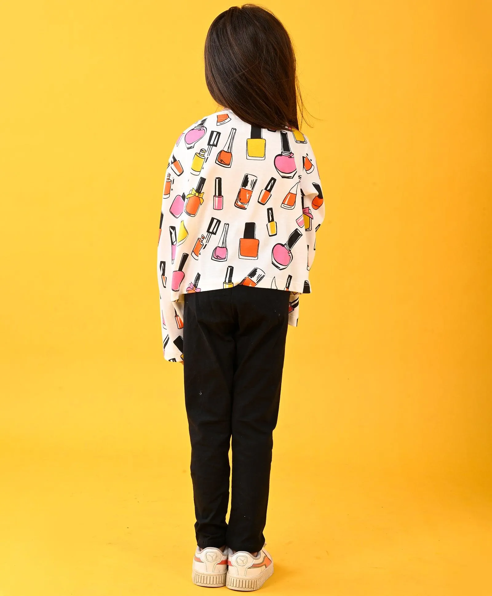 NAIL PAINT FUN LONG SLEEVES T-SHIRT AND BLACK FLEECE JOGGER SET - WHITE/BLACK