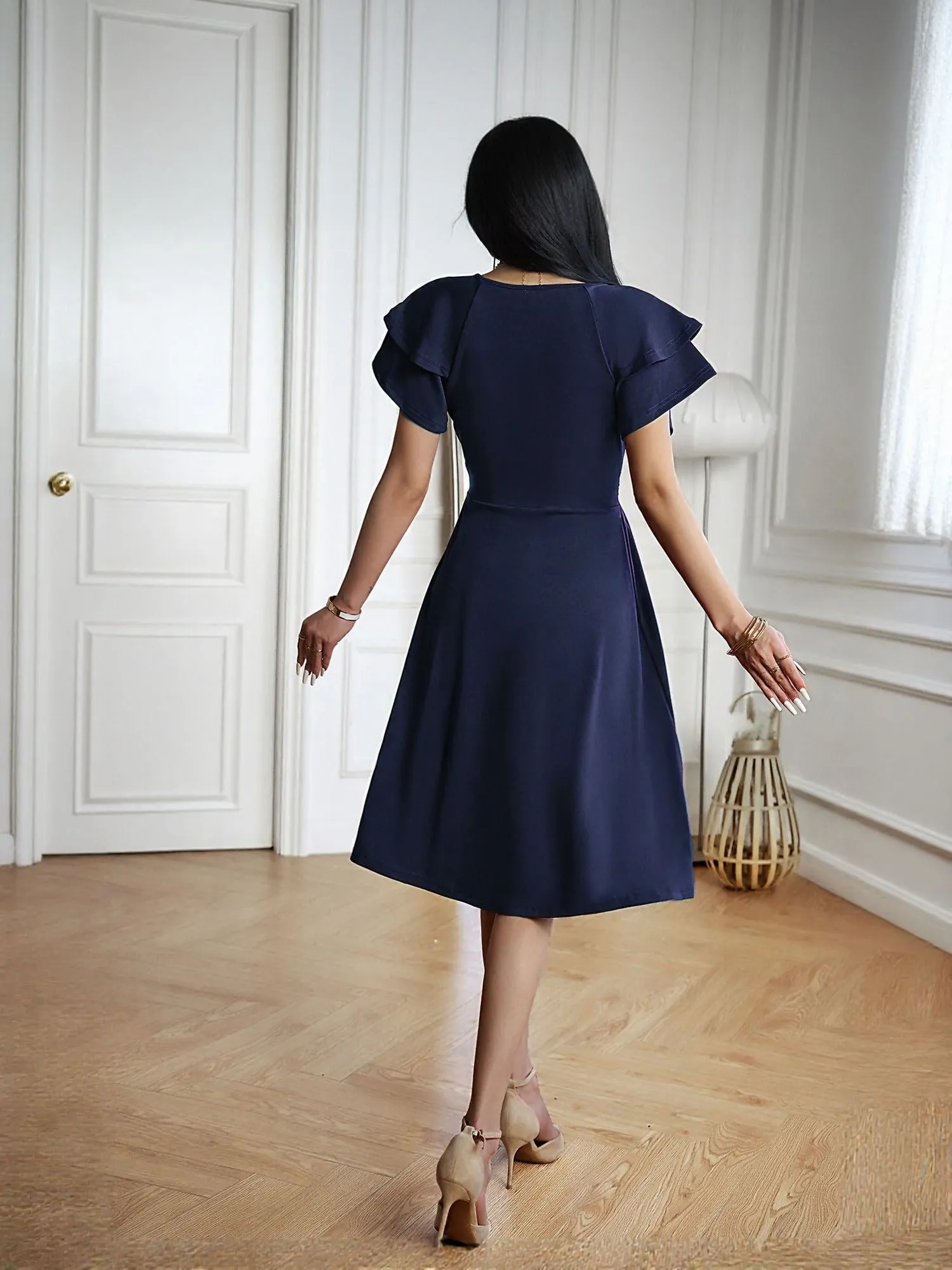 Navy Blue Fit And Flare Mini Dress With Wrap