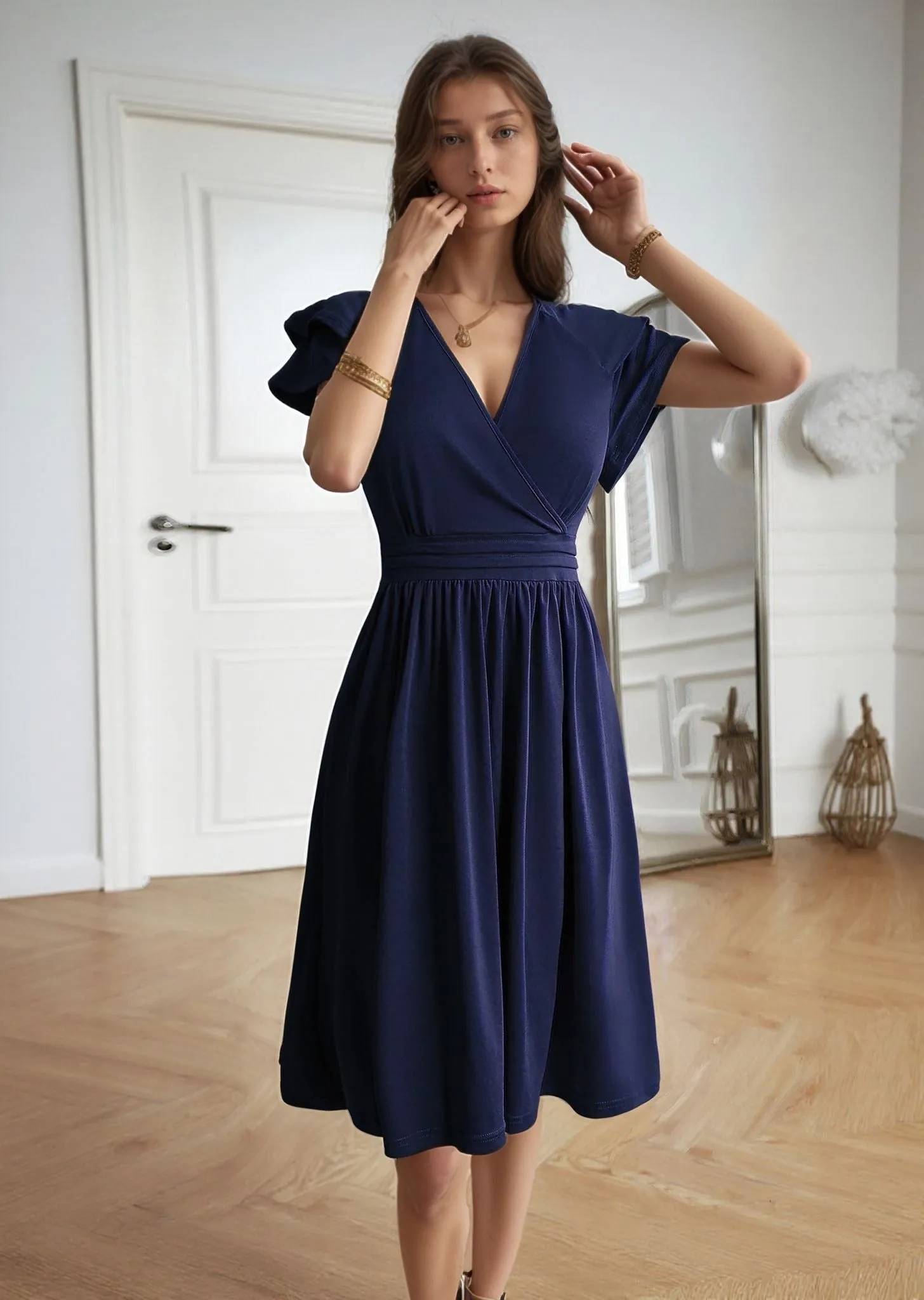 Navy Blue Fit And Flare Mini Dress With Wrap