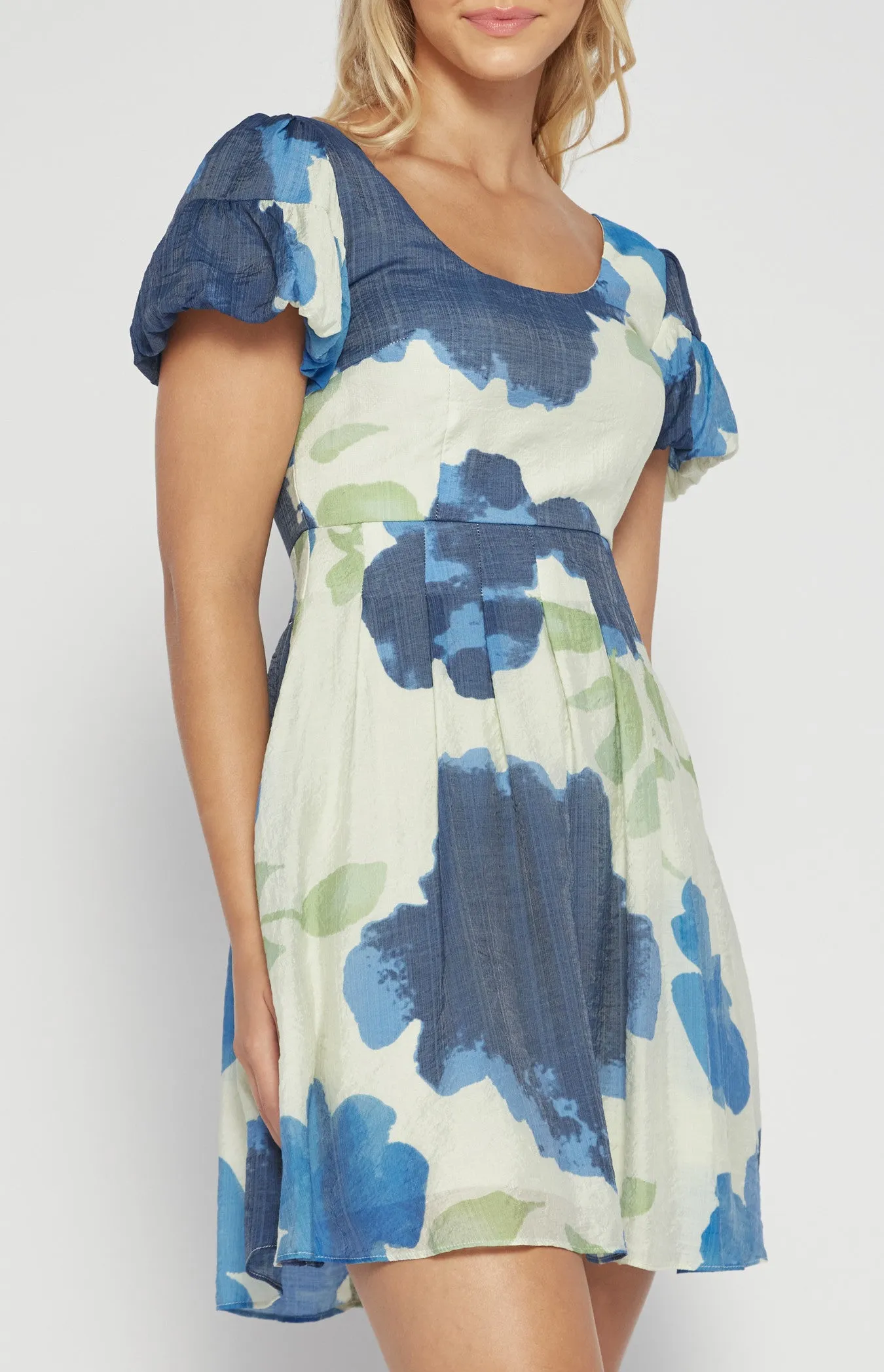 Navy Blue Floral Print Round Neck Mini Dress with Balloon Sleeve