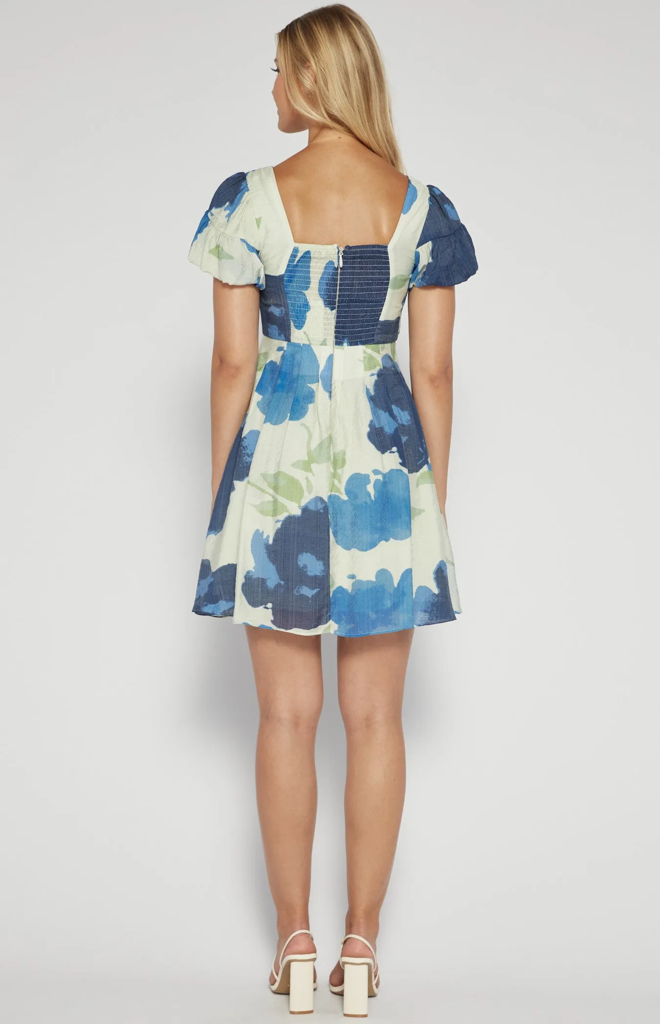 Navy Blue Floral Print Round Neck Mini Dress with Balloon Sleeve
