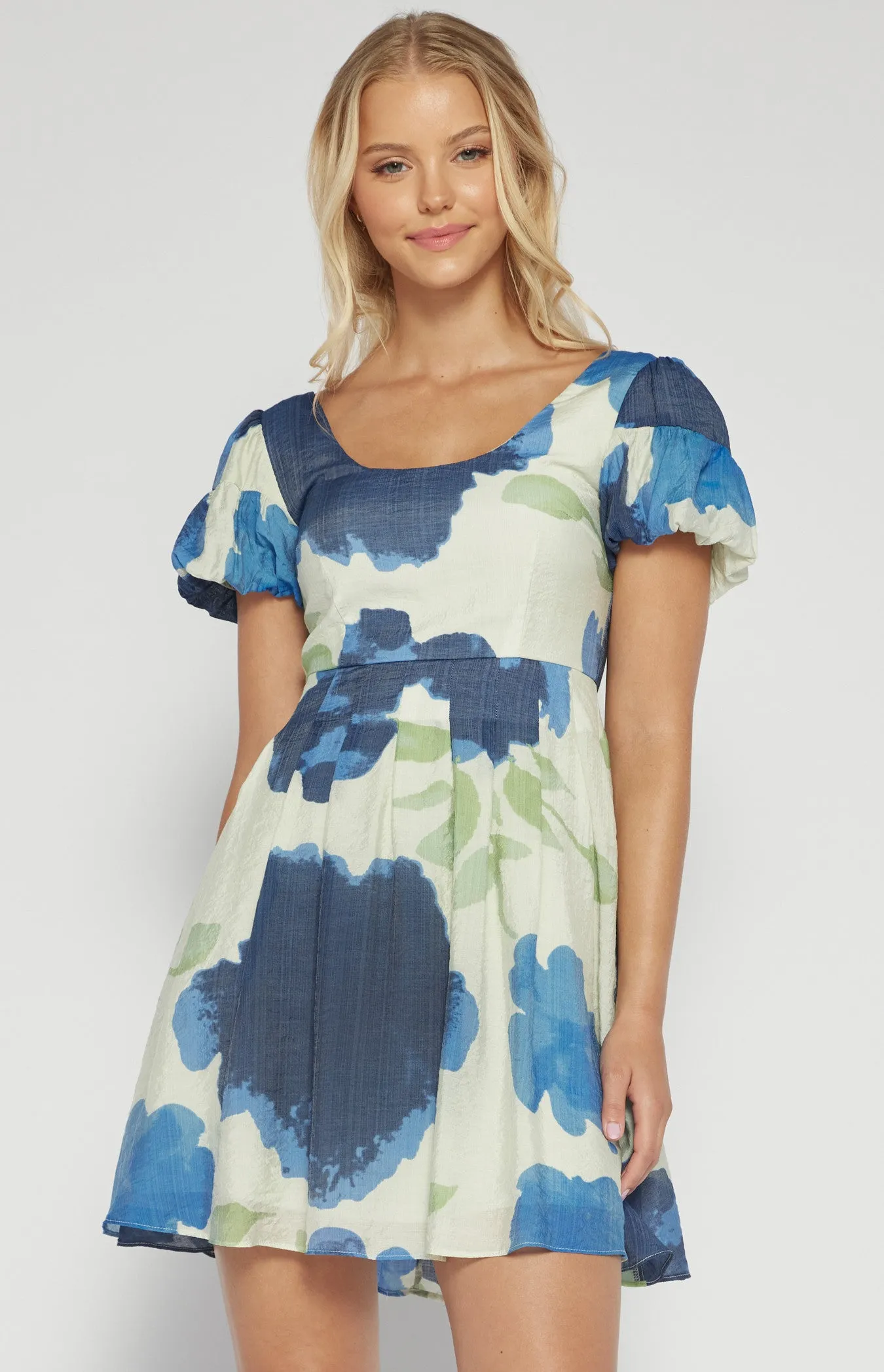 Navy Blue Floral Print Round Neck Mini Dress with Balloon Sleeve