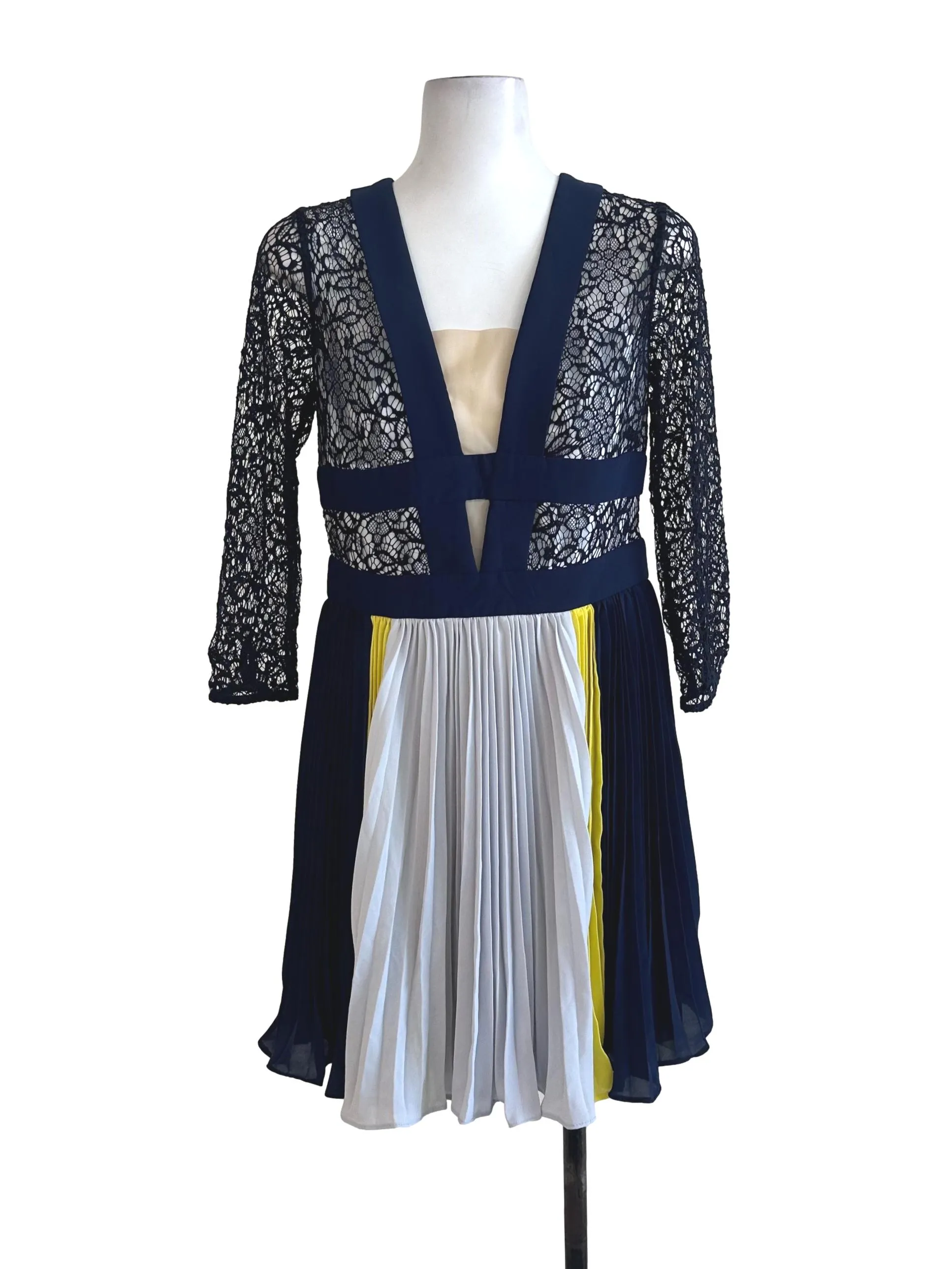 Navy Blue Lace Pleated Dress