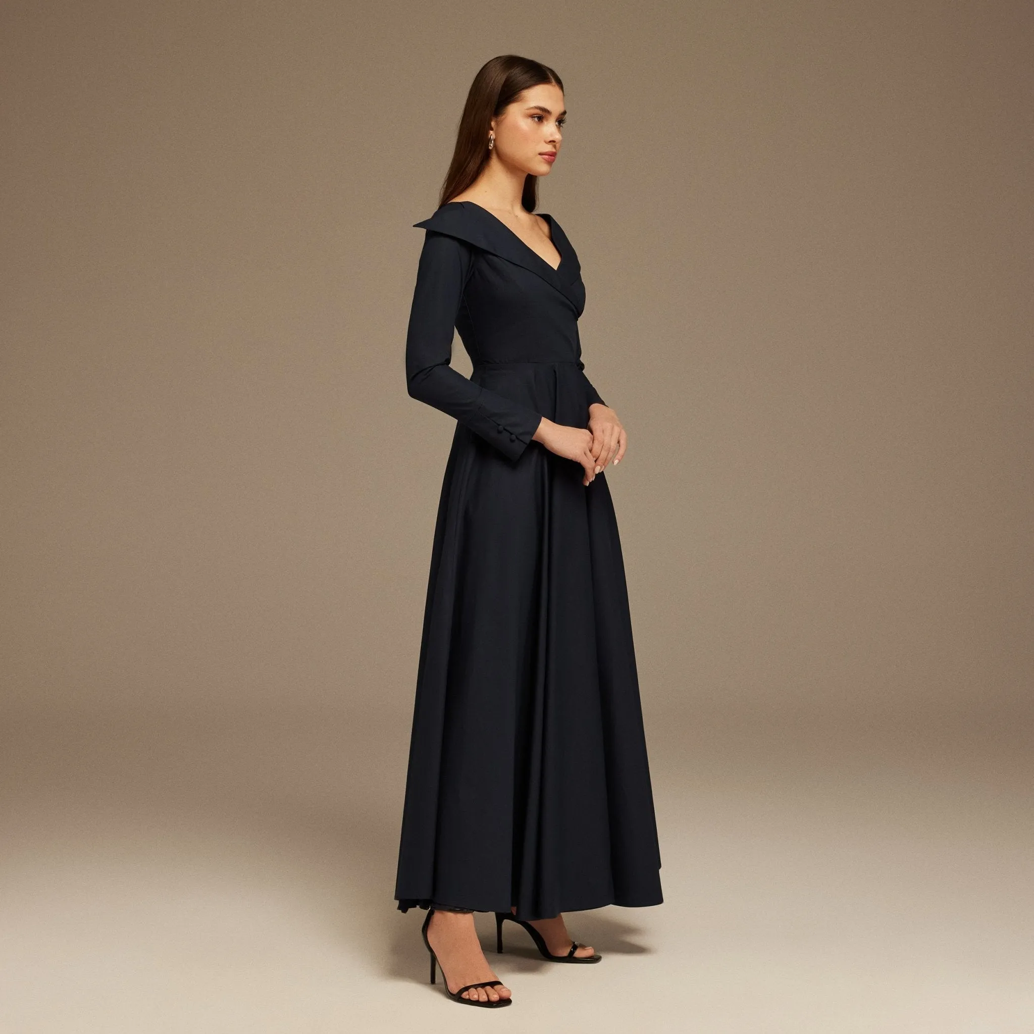 Navy Wide Neck Long Sleeve Midi Dress