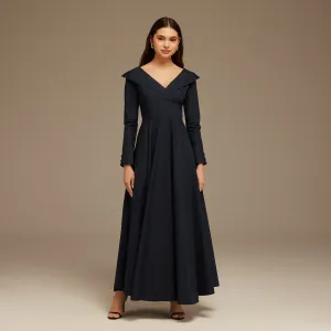 Navy Wide Neck Long Sleeve Midi Dress