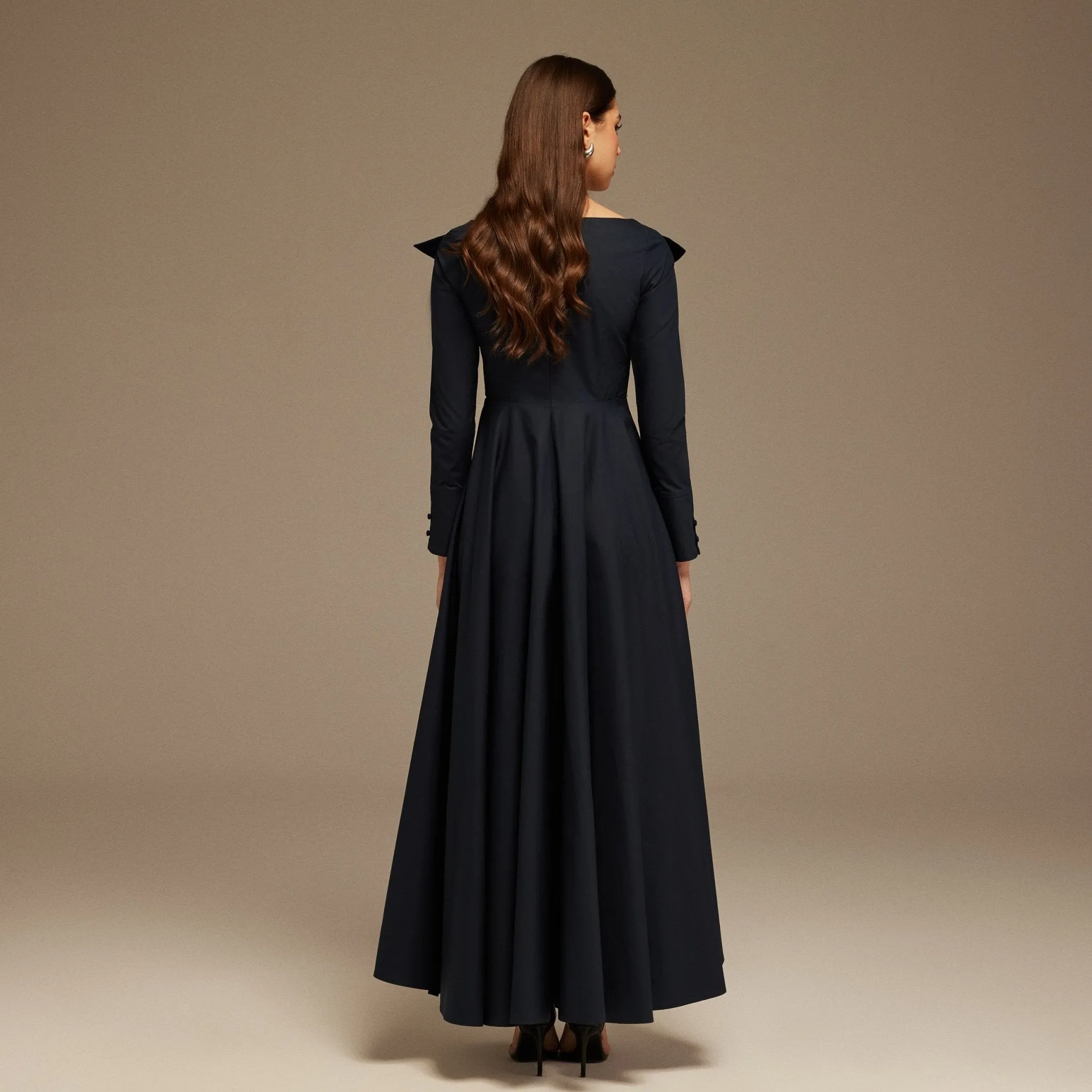 Navy Wide Neck Long Sleeve Midi Dress