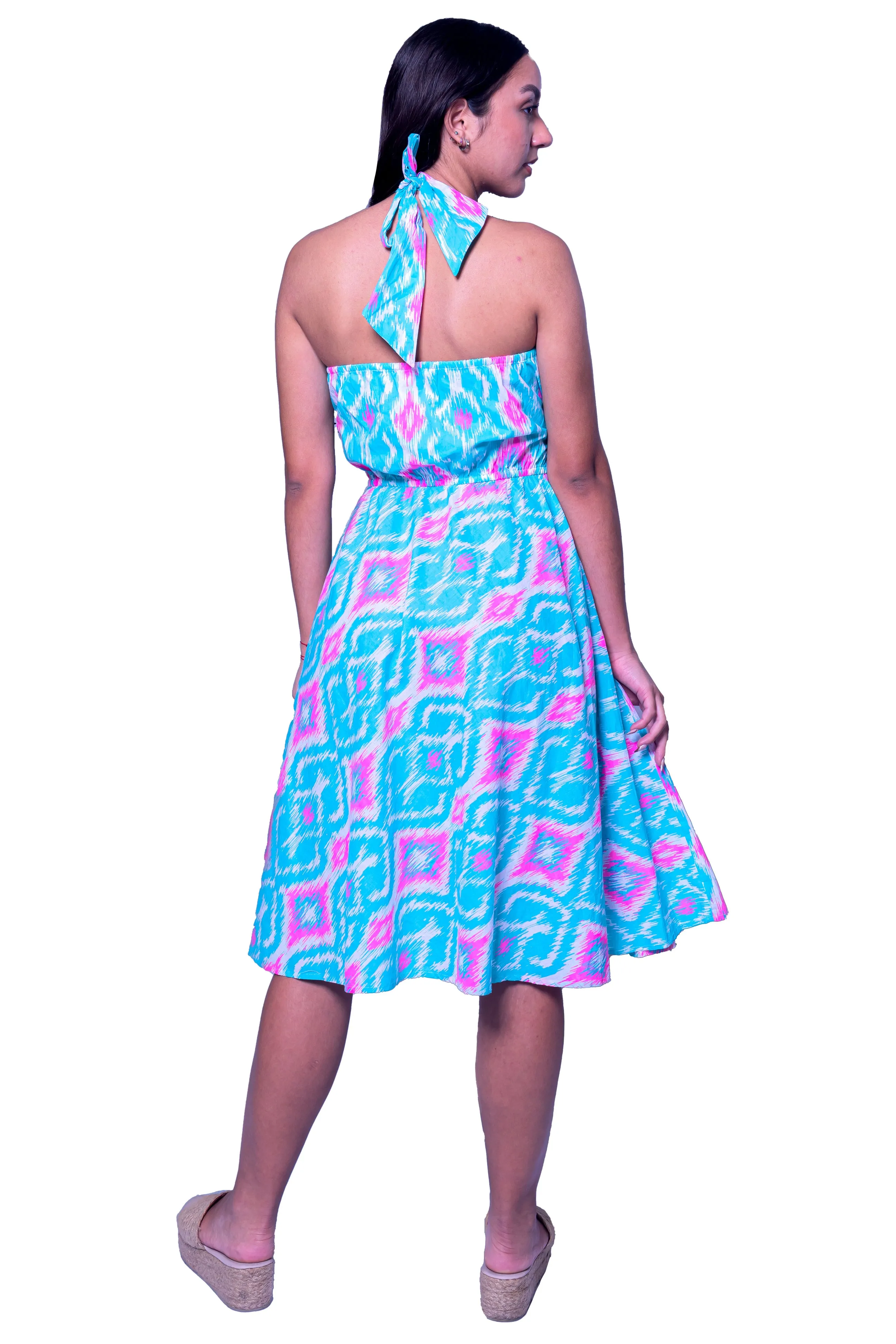 Neck Dori style Short Dress Turquoise