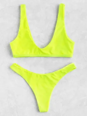 Neon Plunge Neckline High Leg Bikini Set
