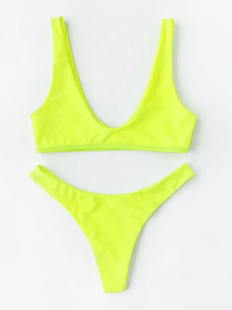 Neon Plunge Neckline High Leg Bikini Set