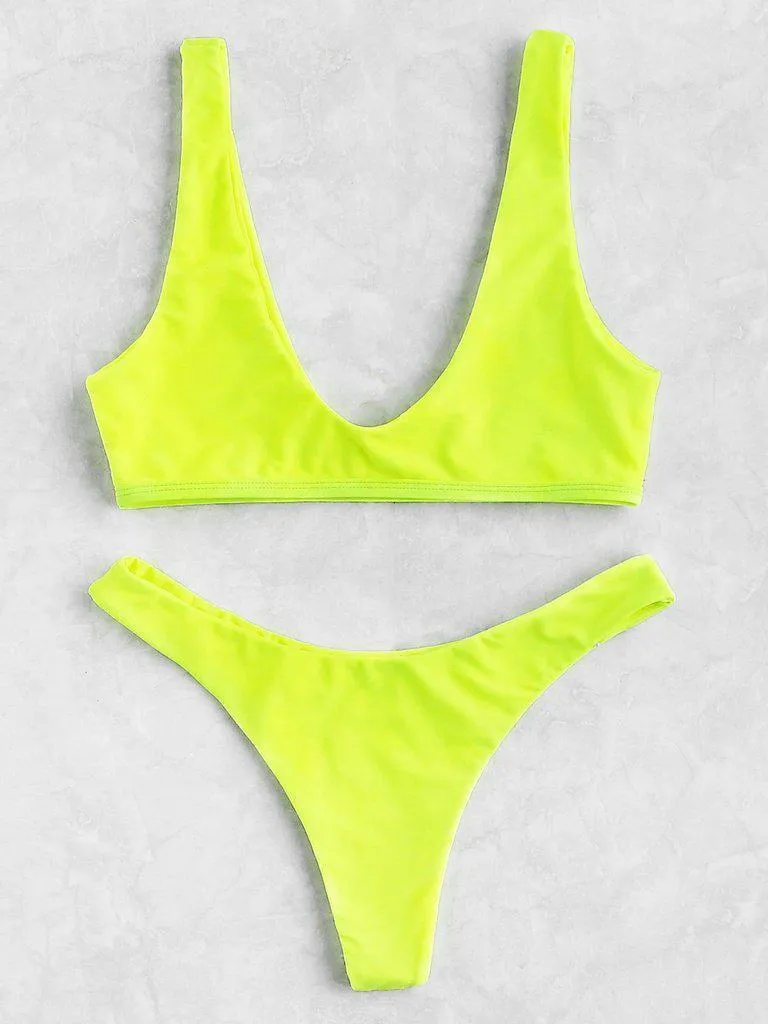 Neon Plunge Neckline High Leg Bikini Set