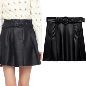 New Zara Faux Leather Pleated Mini Skirt  Belted Dark Academia Goth Style