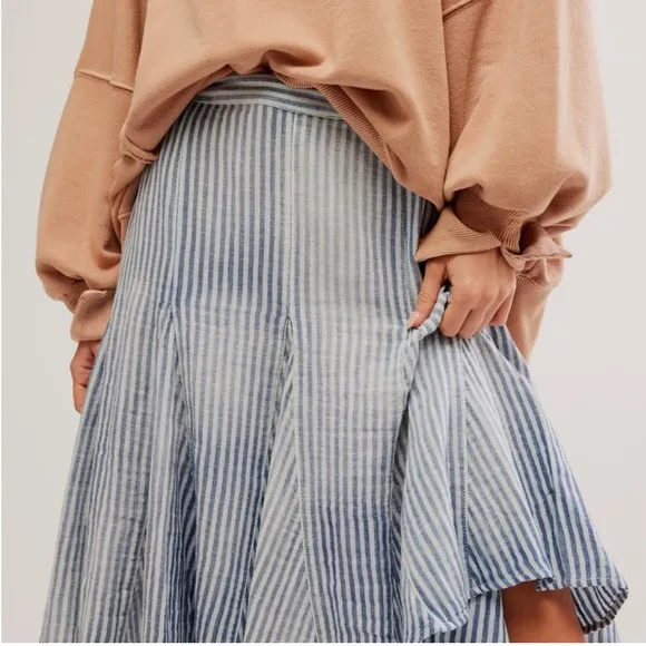 NWT Free People Candace Striped Cotton Linen Midi Skirt Size Large Blue Chambray