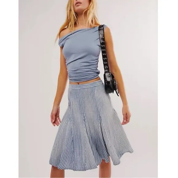 NWT Free People Candace Striped Cotton Linen Midi Skirt Size Large Blue Chambray