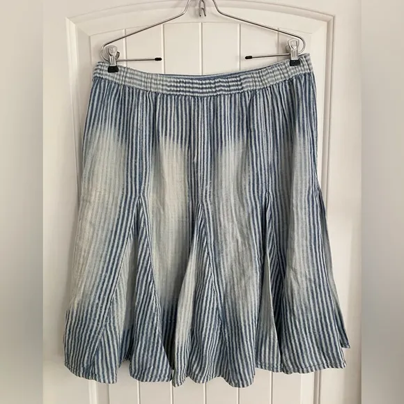 NWT Free People Candace Striped Cotton Linen Midi Skirt Size Large Blue Chambray