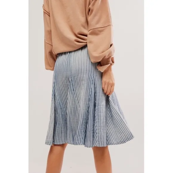 NWT Free People Candace Striped Cotton Linen Midi Skirt Size Large Blue Chambray
