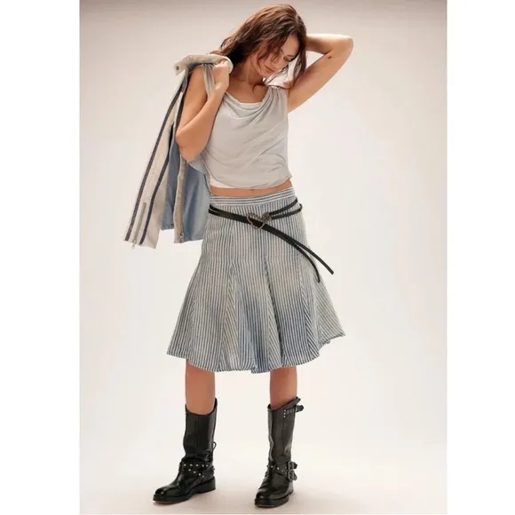 NWT Free People Candace Striped Cotton Linen Midi Skirt Size Large Blue Chambray