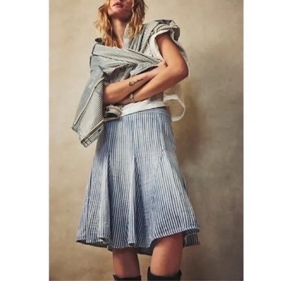 NWT Free People Candace Striped Cotton Linen Midi Skirt Size Large Blue Chambray