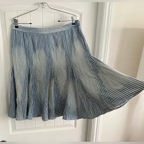NWT Free People Candace Striped Cotton Linen Midi Skirt Size Large Blue Chambray