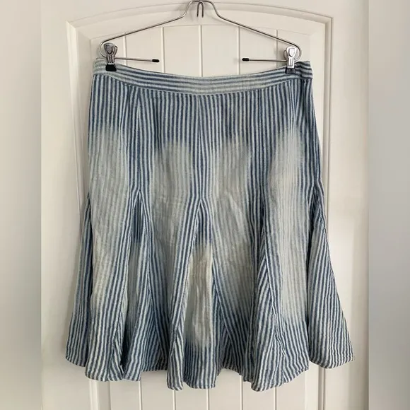 NWT Free People Candace Striped Cotton Linen Midi Skirt Size Large Blue Chambray