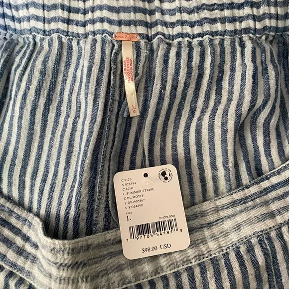 NWT Free People Candace Striped Cotton Linen Midi Skirt Size Large Blue Chambray