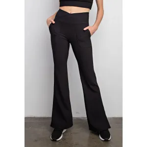 NYLON RIB V WAIST CORSSOVER FLARED LEGGINGS