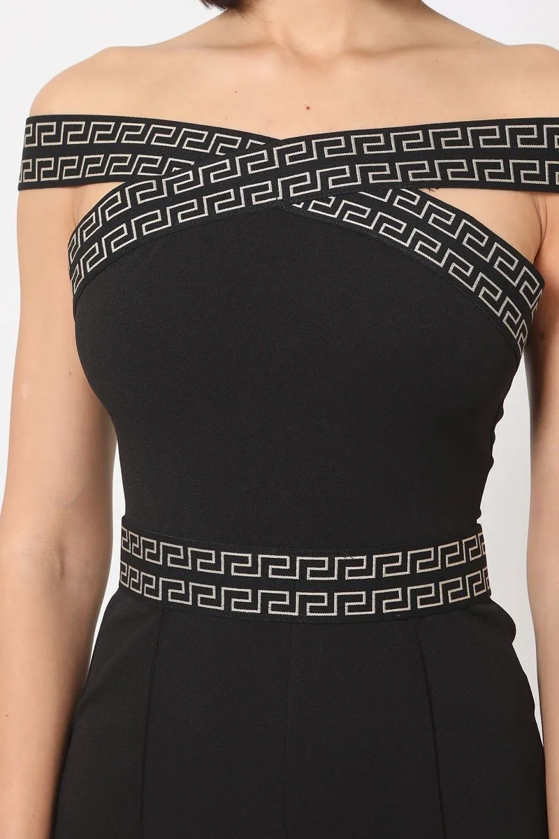 Off The Shoulder Straps W/greek Print Design And On Waist