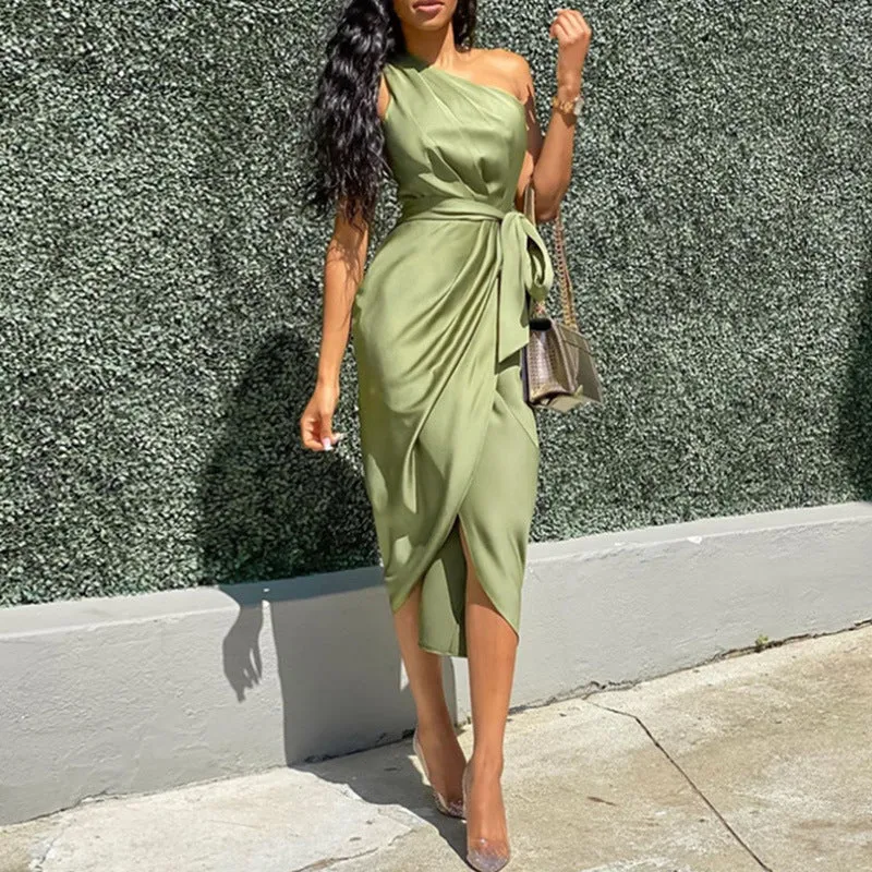 Olive One Shoulder Wrap Midi Dress