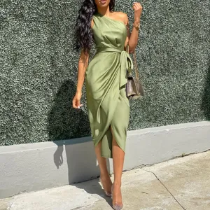 Olive One Shoulder Wrap Midi Dress