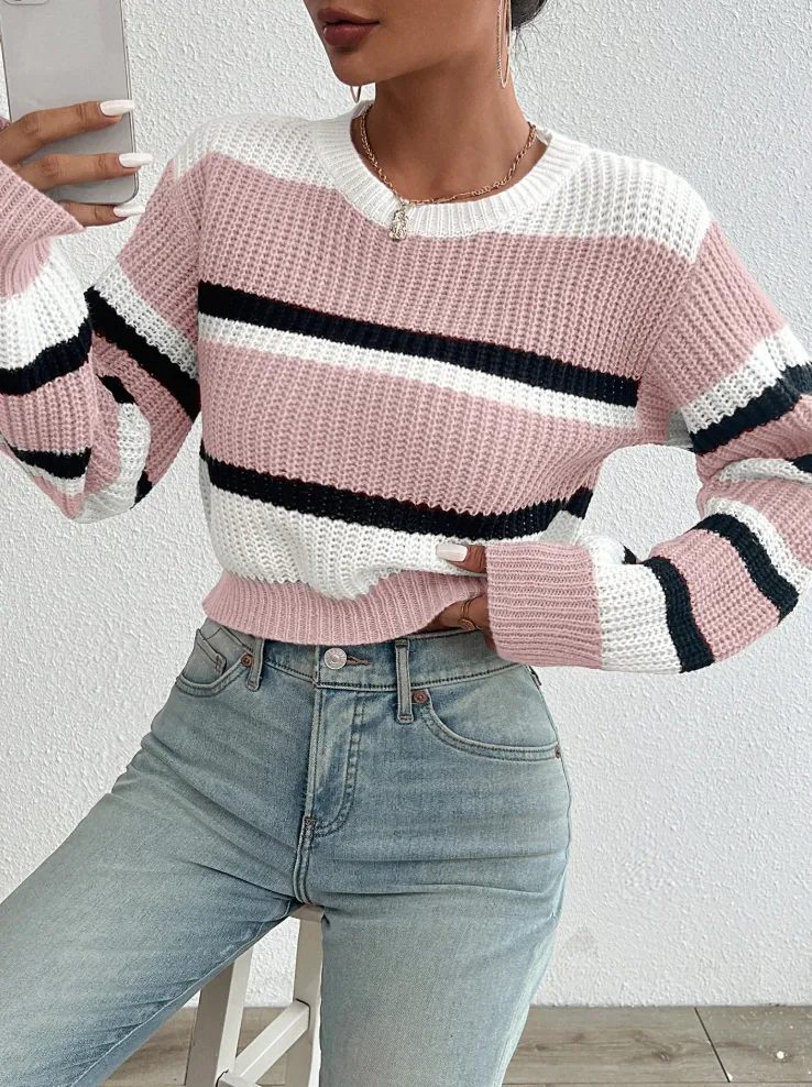 Oversized acrylic knit women's sweater, round neck, long sleeves