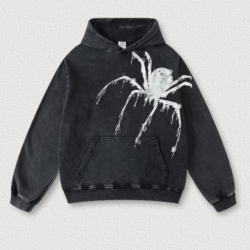 Oversized Vintage Spider Acid Washed Pullover Hoodie