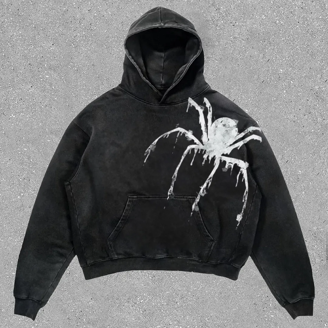 Oversized Vintage Spider Acid Washed Pullover Hoodie