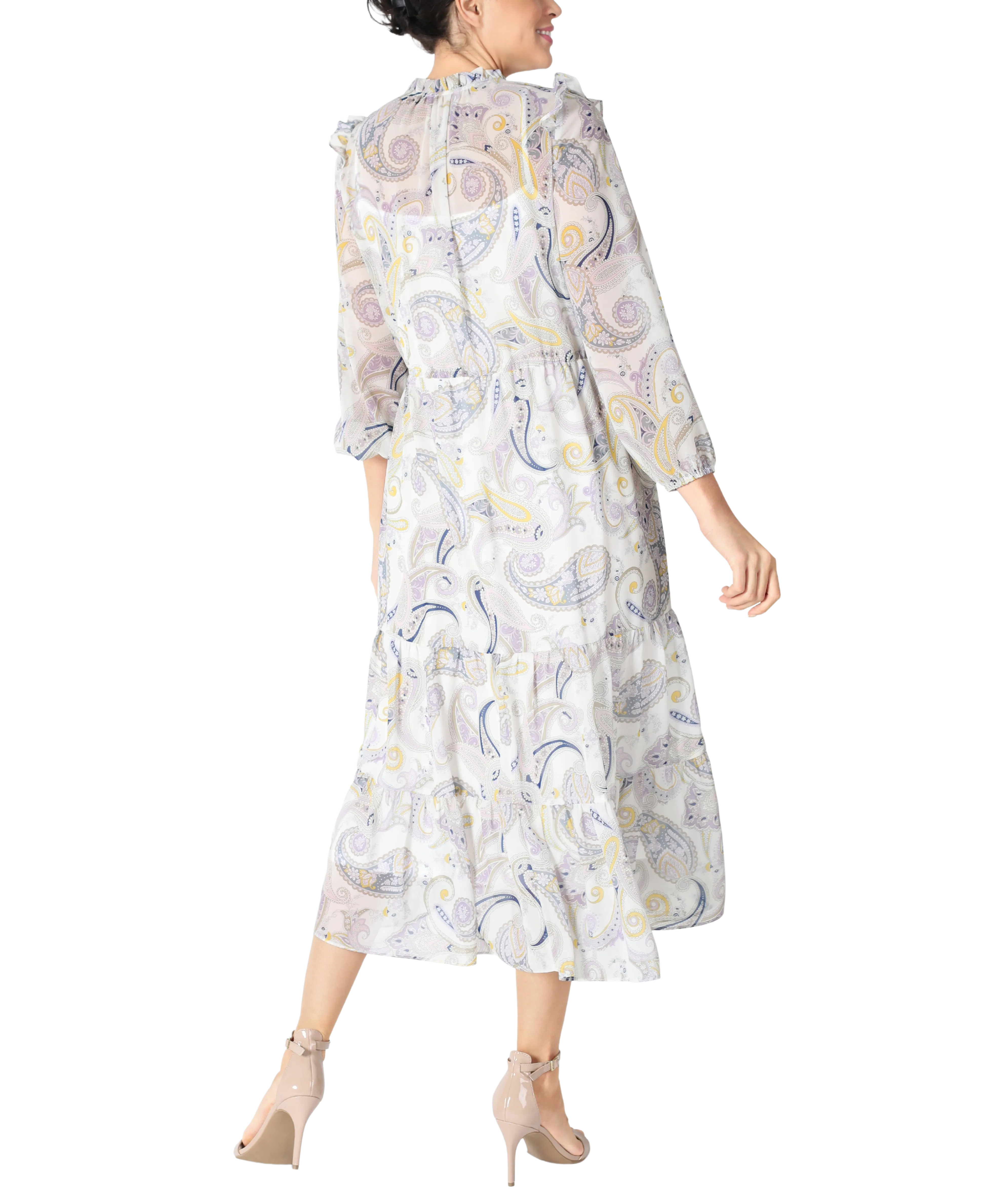 Paisley Drawstring Waist Chiffon Dress
