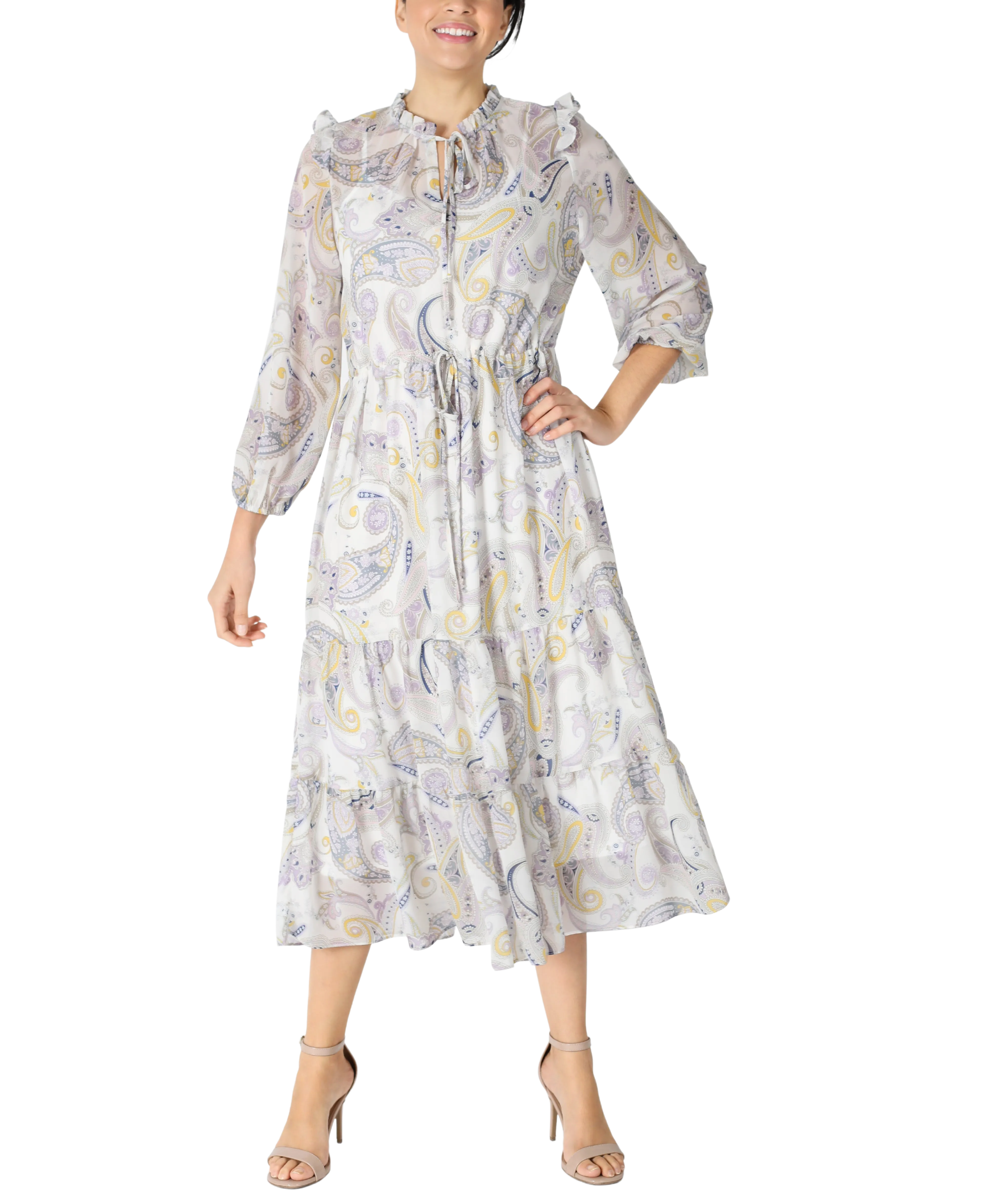 Paisley Drawstring Waist Chiffon Dress