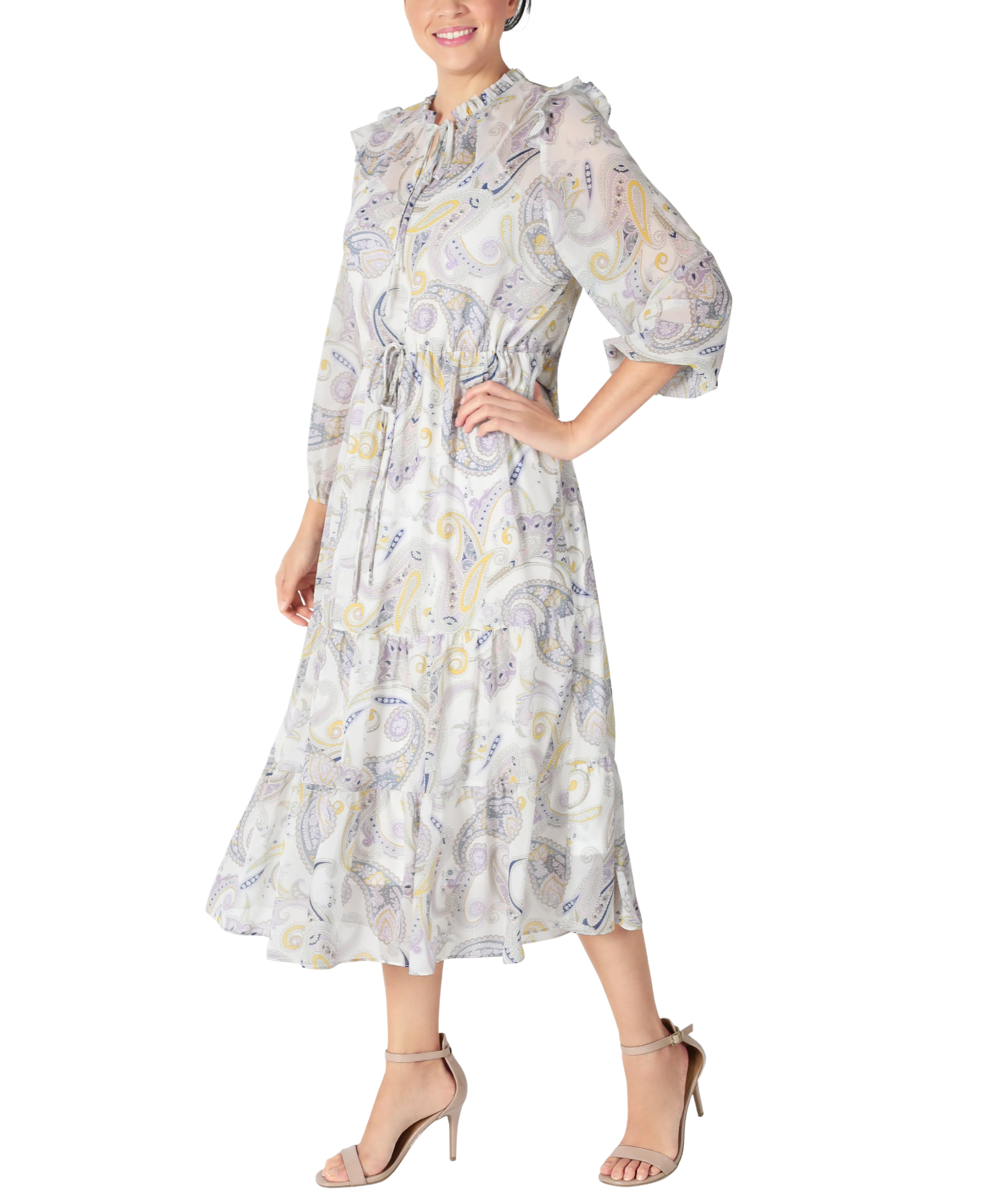 Paisley Drawstring Waist Chiffon Dress