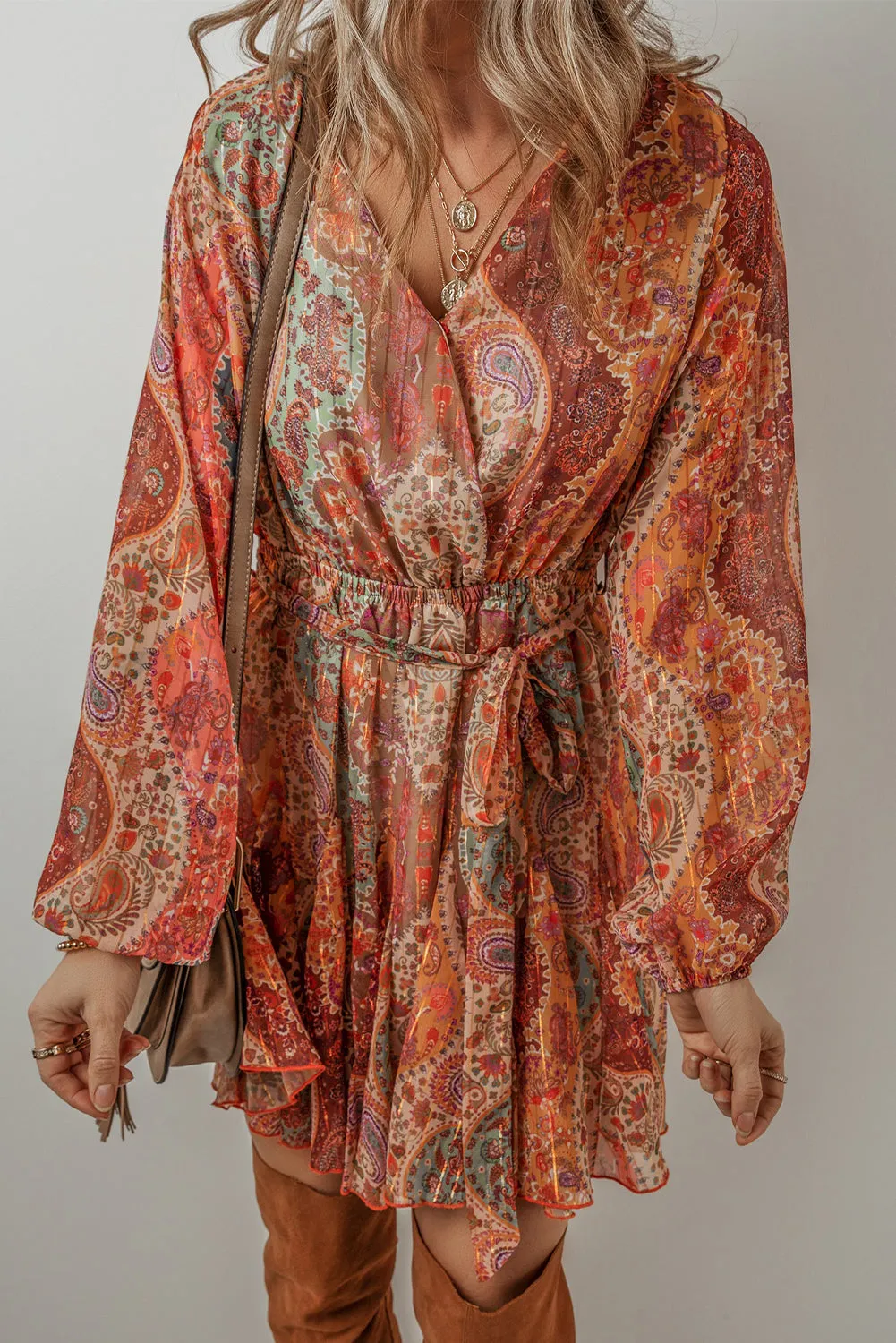 Paisley Print Mini Dress with Pleated Skirt and Belted Waist