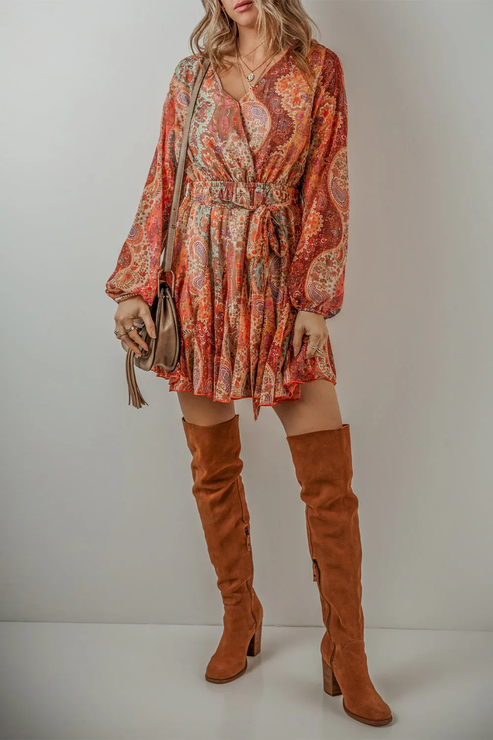 Paisley Print Mini Dress with Pleated Skirt and Belted Waist