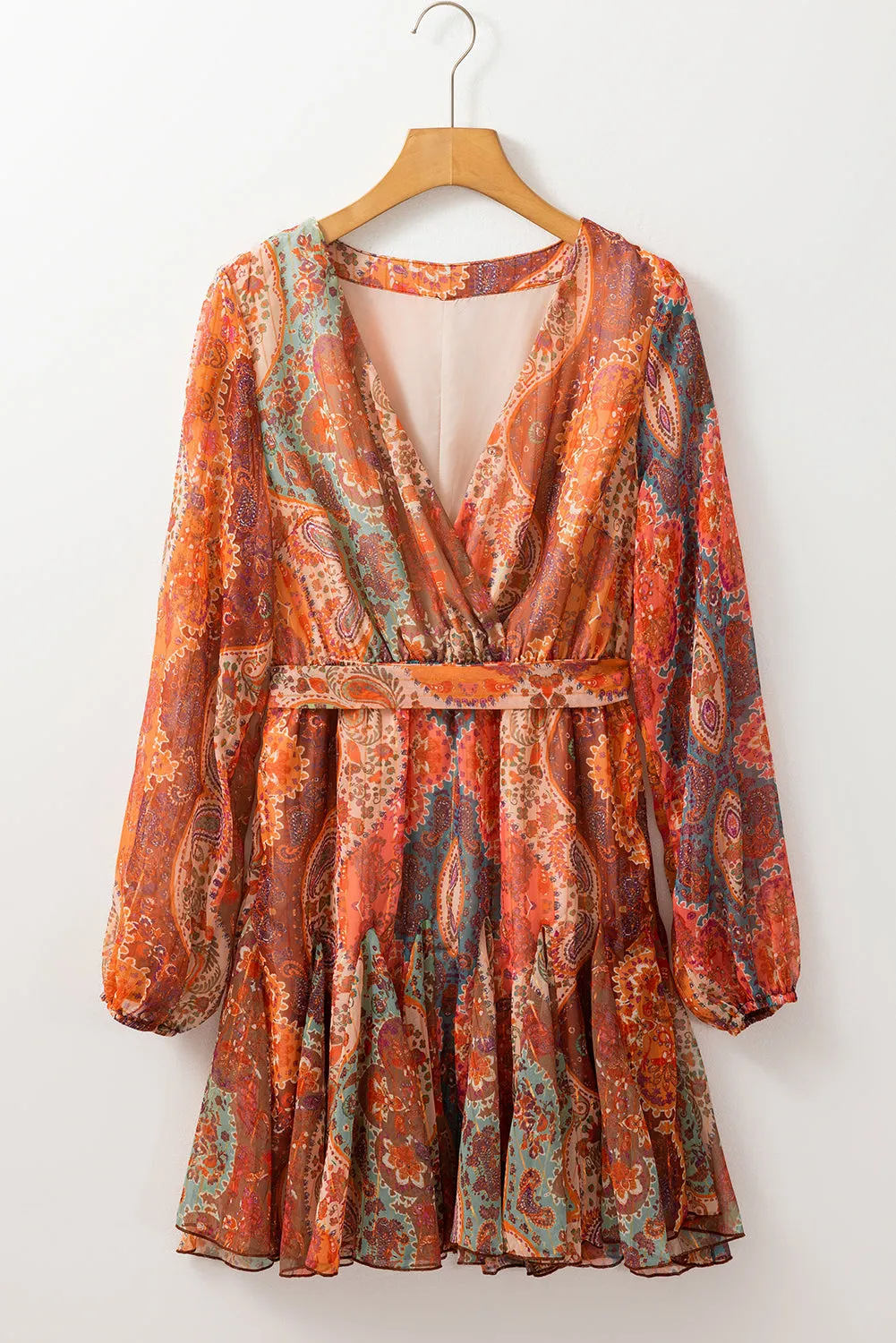 Paisley Print Mini Dress with Pleated Skirt and Belted Waist