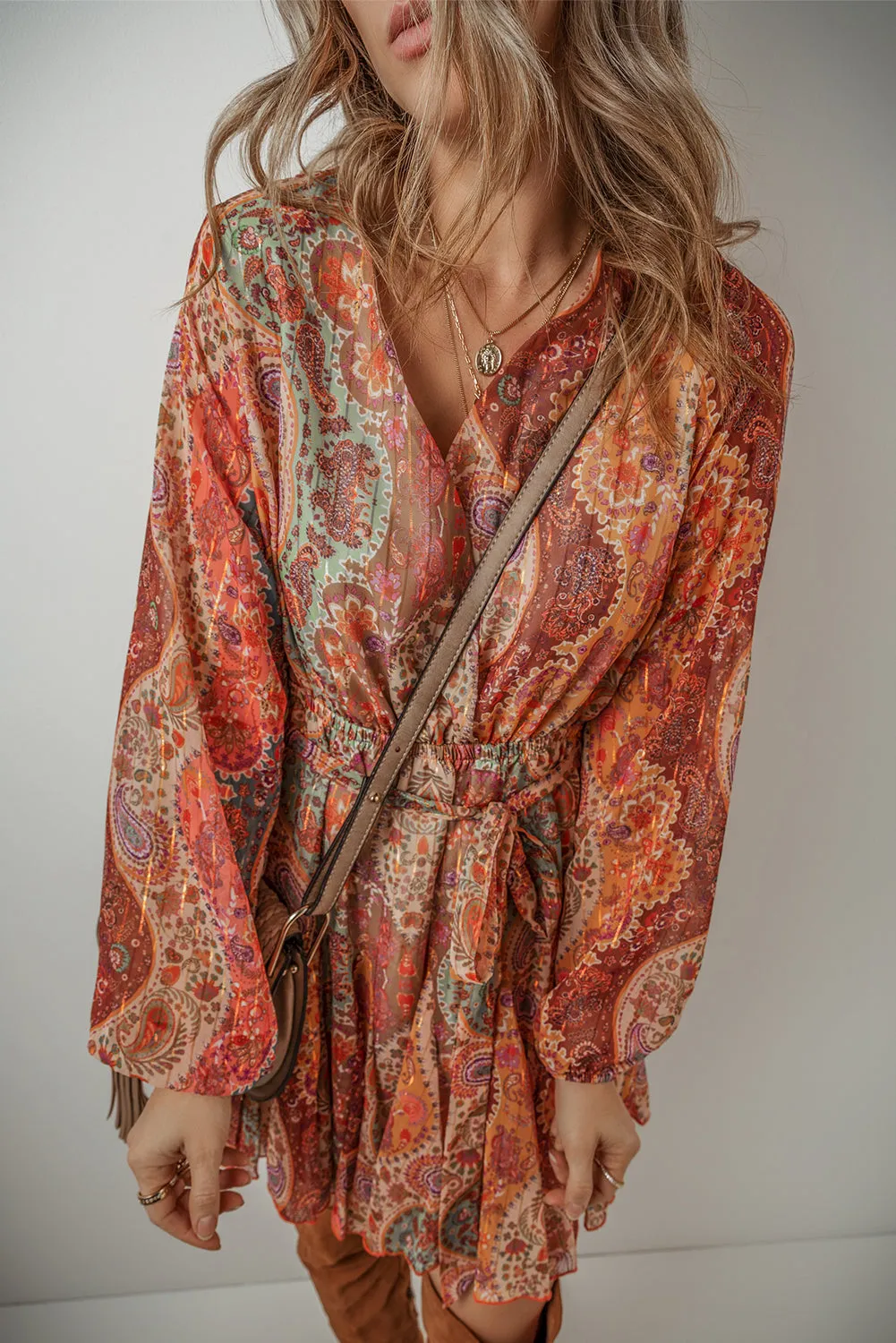 Paisley Print Mini Dress with Pleated Skirt and Belted Waist