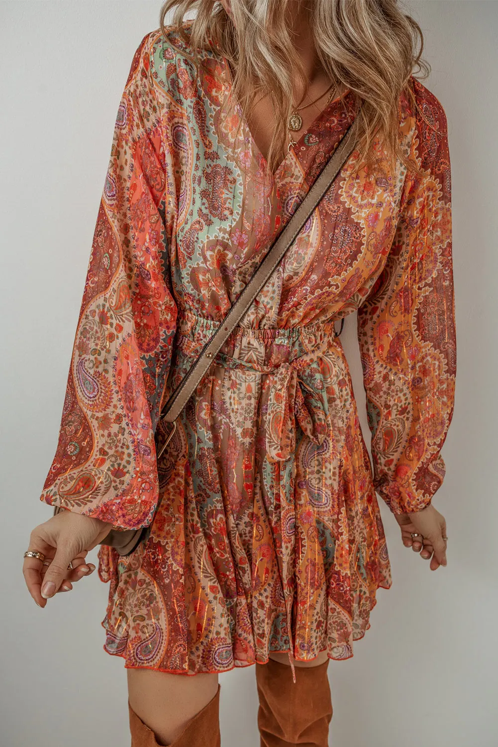 Paisley Print Mini Dress with Pleated Skirt and Belted Waist