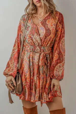 Paisley Print Mini Dress with Pleated Skirt and Belted Waist