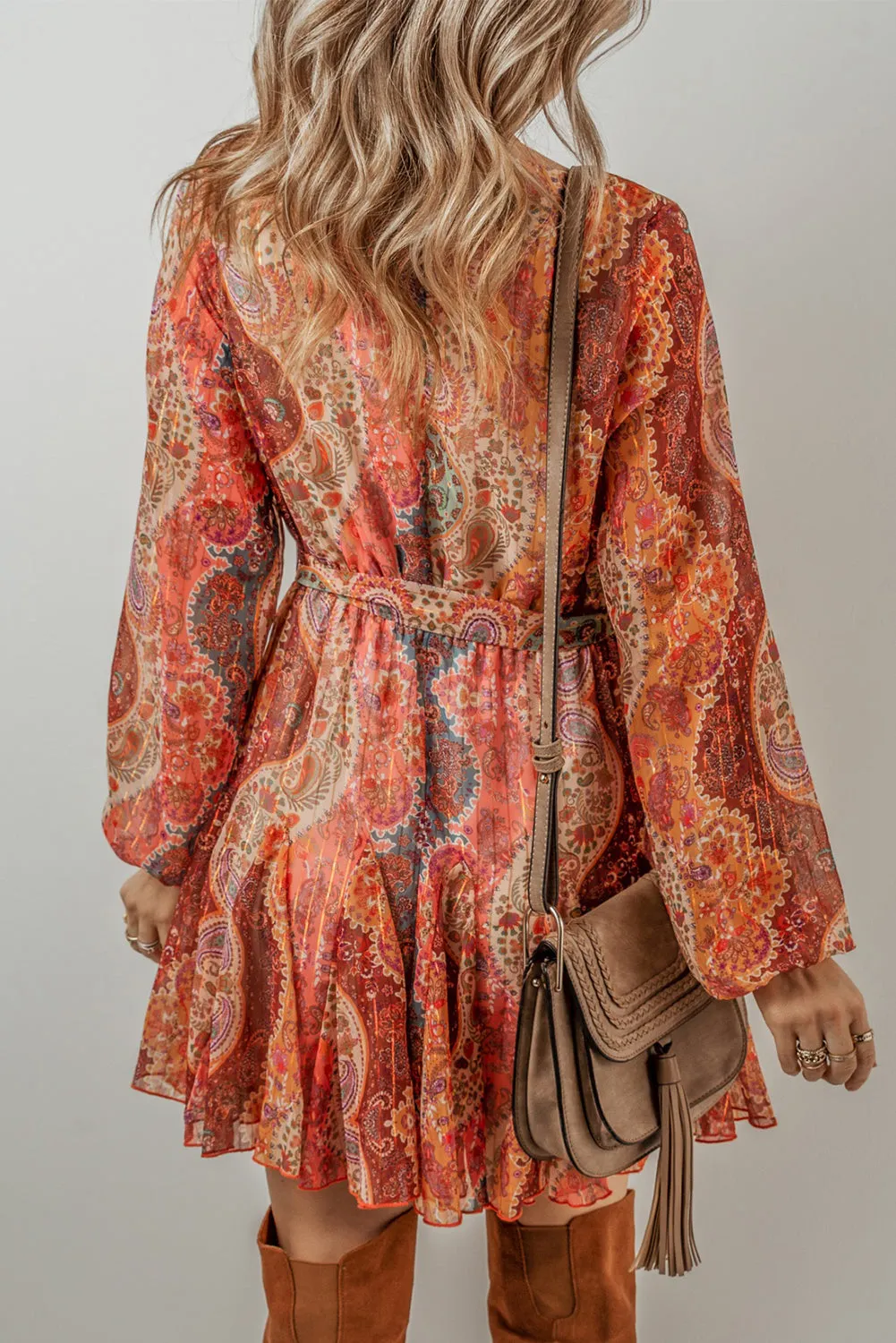 Paisley Print Mini Dress with Pleated Skirt and Belted Waist