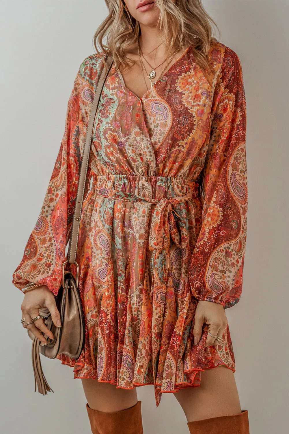Paisley Print Mini Dress with Pleated Skirt and Belted Waist
