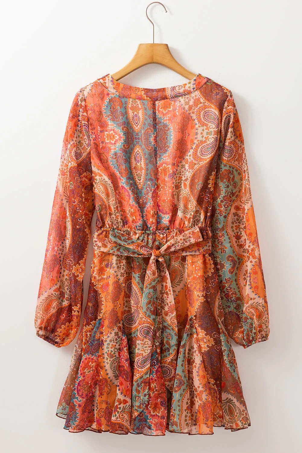 Paisley Print Mini Dress with Pleated Skirt and Belted Waist