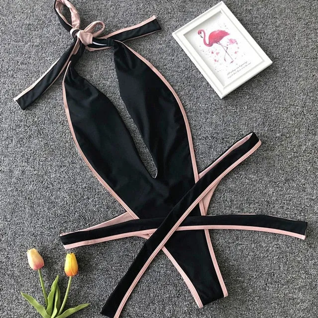 Peachtan Leopard print one piece swimsuit female Deep v-neck bikini 2020 Bandage bathing suit monokini swimwear women bathers