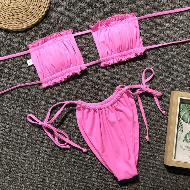 Peachtan Sexy pink swimwear women bathing suit Bandeau bikinis 2019 mujer Micro swimsuit female Push up two-piece suit summer
