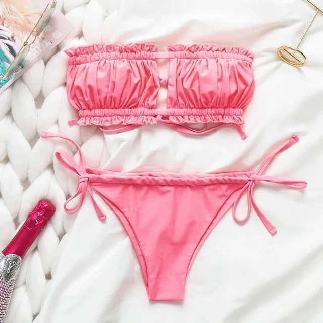 Peachtan Sexy pink swimwear women bathing suit Bandeau bikinis 2019 mujer Micro swimsuit female Push up two-piece suit summer
