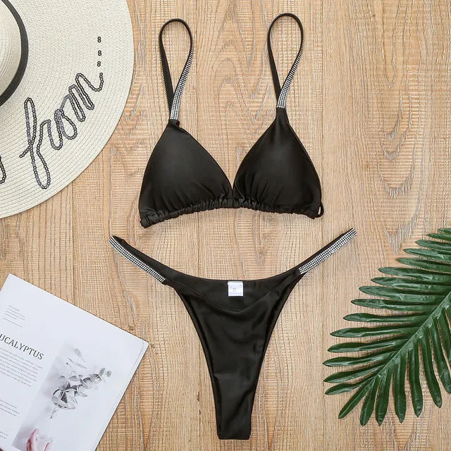 Peachtan Sexy Shiny bikini 2020 mujer Black swimsuit female Triangle swimwear women High cut bathers bathing suit Micro bikini