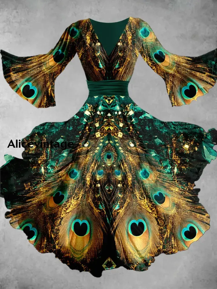 Peacock Feather Print V Neck Vintage Elegant Chic Flowy Midi Dress