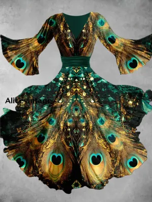 Peacock Feather Print V Neck Vintage Elegant Chic Flowy Midi Dress